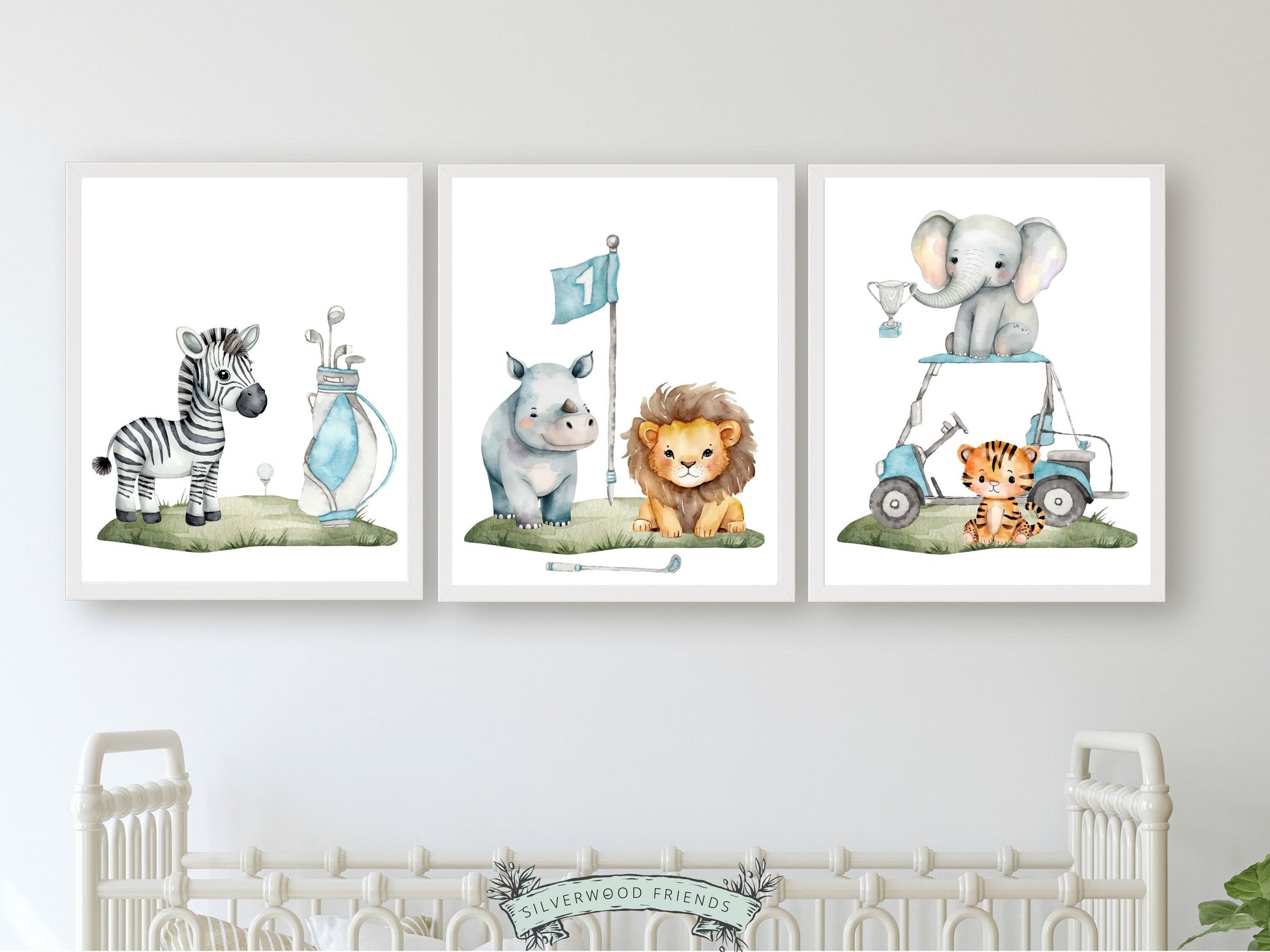 Elevate your baby boy's nursery with this charming golf nursery print set, featuring watercolour safari animals including zebra, giraffe, rhino, lion, elephant, and tiger, making it the perfect addition for both sports-themed and safari-inspired nursery decor.