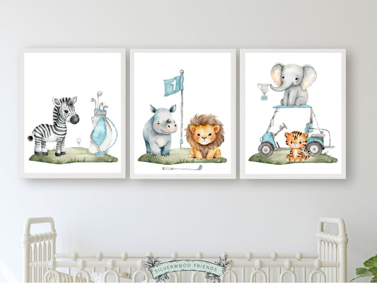 Elevate your baby boy's nursery with this charming golf nursery print set, featuring watercolour safari animals including zebra, giraffe, rhino, lion, elephant, and tiger, making it the perfect addition for both sports-themed and safari-inspired nursery decor.