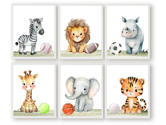 Transform your baby's nursery into a delightful sports-themed haven with this captivating Safari Sports Nursery Print Set of 3, showcasing watercolour safari animals such as zebra, giraffe, rhino, lion, elephant, and tiger alongside sports balls, adding the perfect touch to your safari inspired or sports themed nursery decor.