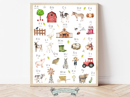 Discover the perfect addition to your farm nursery decor with our captivating Farm Alphabet Print, featuring beautiful watercolour images that bring the wonders of the farmyard to life, while simultaneously providing an engaging and educational experience for little learners.