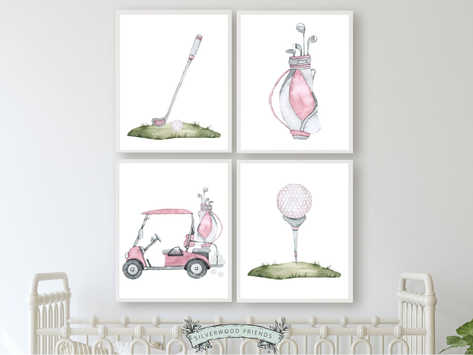 Elevate your baby girl's nursery decor with this Set of 4 Girls Golf Nursery Prints, featuring pink watercolour illustrations of golf ball, golf cart, golf bag and a golf club, providing the perfect decorative touch for your sports-inspired nursery decor or golf-themed baby shower.