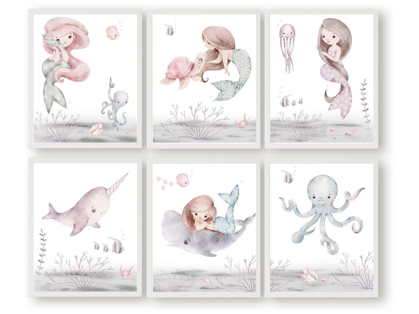 Dive into a world of underwater enchantment with our Pastel Mermaid Nursery Prints Set of 6. These beautiful watercolour illustrations showcase mermaids swimming alongside a delightful array of sea creatures including a sea turtle, narwhal, whale, octopus, jellyfish, fish, and coral, adding a touch of magic to your baby girl's nursery decor.