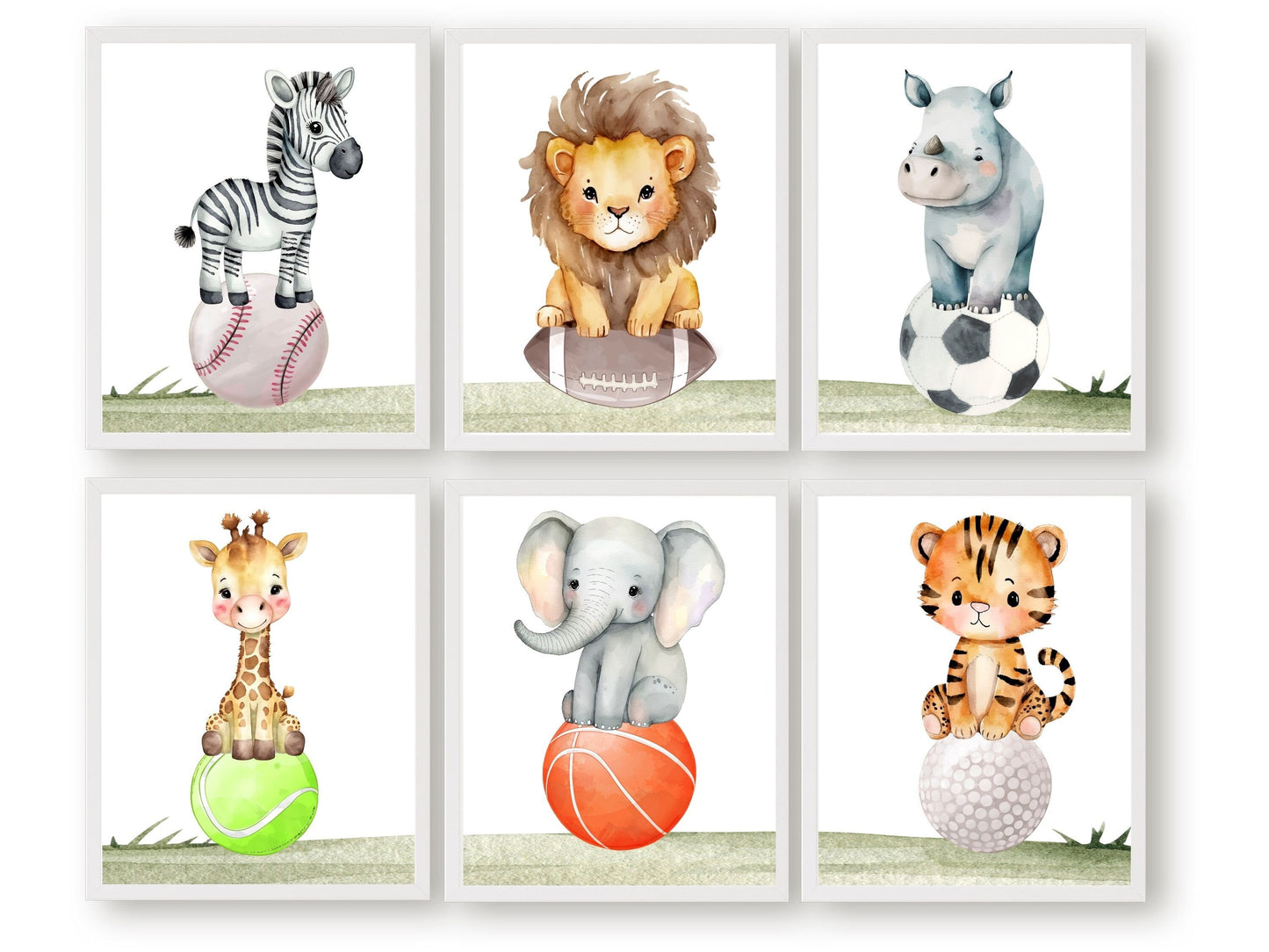 Transform your baby's nursery into a delightful sports-themed haven with our captivating Sports Nursery Print Set, showcasing watercolour safari animals such as zebra, giraffe, rhino, lion, elephant, and tiger on sports balls, adding the perfect touch to your safari inspired or sports themed nursery decor.