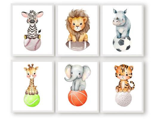 Transform your baby's nursery into a delightful sports-themed haven with our captivating Sports Nursery Print Set, showcasing watercolour safari animals such as zebra, giraffe, rhino, lion, elephant, and tiger on sports balls, adding the perfect touch to your safari inspired or sports themed nursery decor.