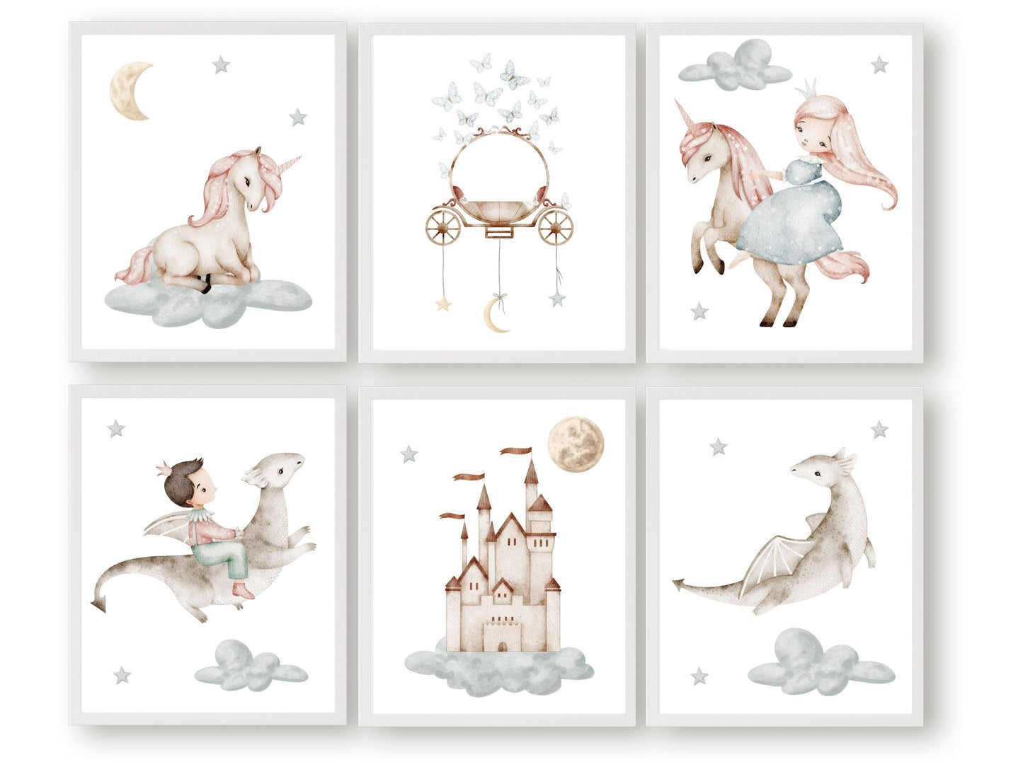 Let your child's imagination take flight into a whimsical world of enchantment with our delightful Fairytale Princess Nursery Print Set of 6. Featuring charming illustrations of a prince riding a dragon, a princess riding a unicorn, and a magical castle in the sky surrounded by a full moon, stars, fluffy clouds, unicorns, and even a butterfly-adorned princess carriage, these pastel prints will add a touch of magic and wonder to your baby's nursery decor.