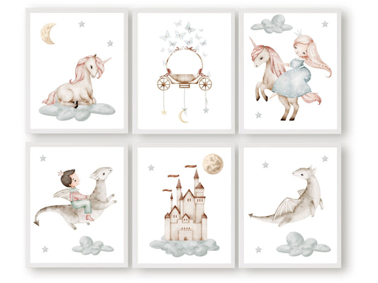 Let your child's imagination take flight into a whimsical world of enchantment with our delightful Fairytale Princess Nursery Print Set of 6. Featuring charming illustrations of a prince riding a dragon, a princess riding a unicorn, and a magical castle in the sky surrounded by a full moon, stars, fluffy clouds, unicorns, and even a butterfly-adorned princess carriage, these pastel prints will add a touch of magic and wonder to your baby's nursery decor.