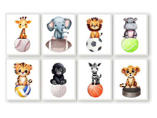 Create a whimsical sports-themed sanctuary in your baby's nursery with our enchanting Safari Sports Nursery Print Set, featuring delightful watercolour safari animals like zebra, giraffe, rhino, lion, elephant, tiger, cheetah and gorilla adorning sports balls, providing the perfect fusion of safari-inspired and sports-themed decor for your little one's space.