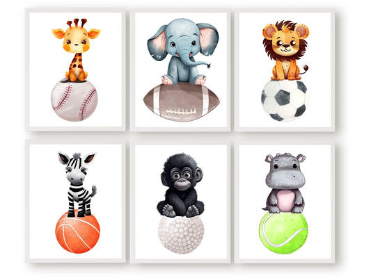 Create a whimsical sports-themed sanctuary in your baby's nursery with our enchanting Safari Animal Sports Ball Prints, featuring delightful safari animals like zebra, giraffe, lion, elephant, hippo and gorilla adorning watercolour sports balls, providing the perfect fusion of safari-inspired and sports-themed decor for your little one's space.