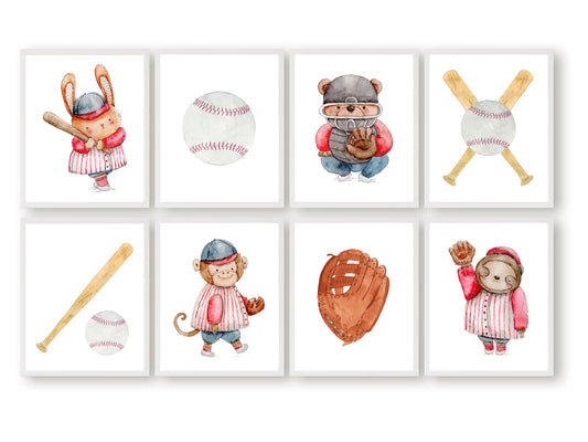 Bring playful charm to your baseball themed nursery or boys' sport theme room with this adorable Baseball Nursery Print Set, showcasing loveable animals such as a rabbit, monkey, bear, and sloth playing baseball and featuring watercolour bat, mitten and ball.