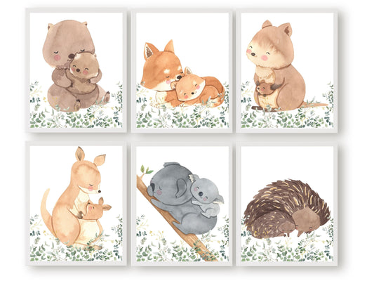 Set of 6 Australian animal mum and me nursery prints featuring a cute and cuddly Aussie animal - Baby Kangaroo, Koala, Wombat, Quokka, Fox and EcBring a little bit of the Australian wilderness into your home with our Set of 6 Australian Animal Mum and Me Nursery Prints featuring a cute and cuddly watercolour Aussie animal - Baby Kangaroo, Koala, Wombat, Quokka, Fox and Echidna surrounded by beautiful Australian eucalyptus branches.