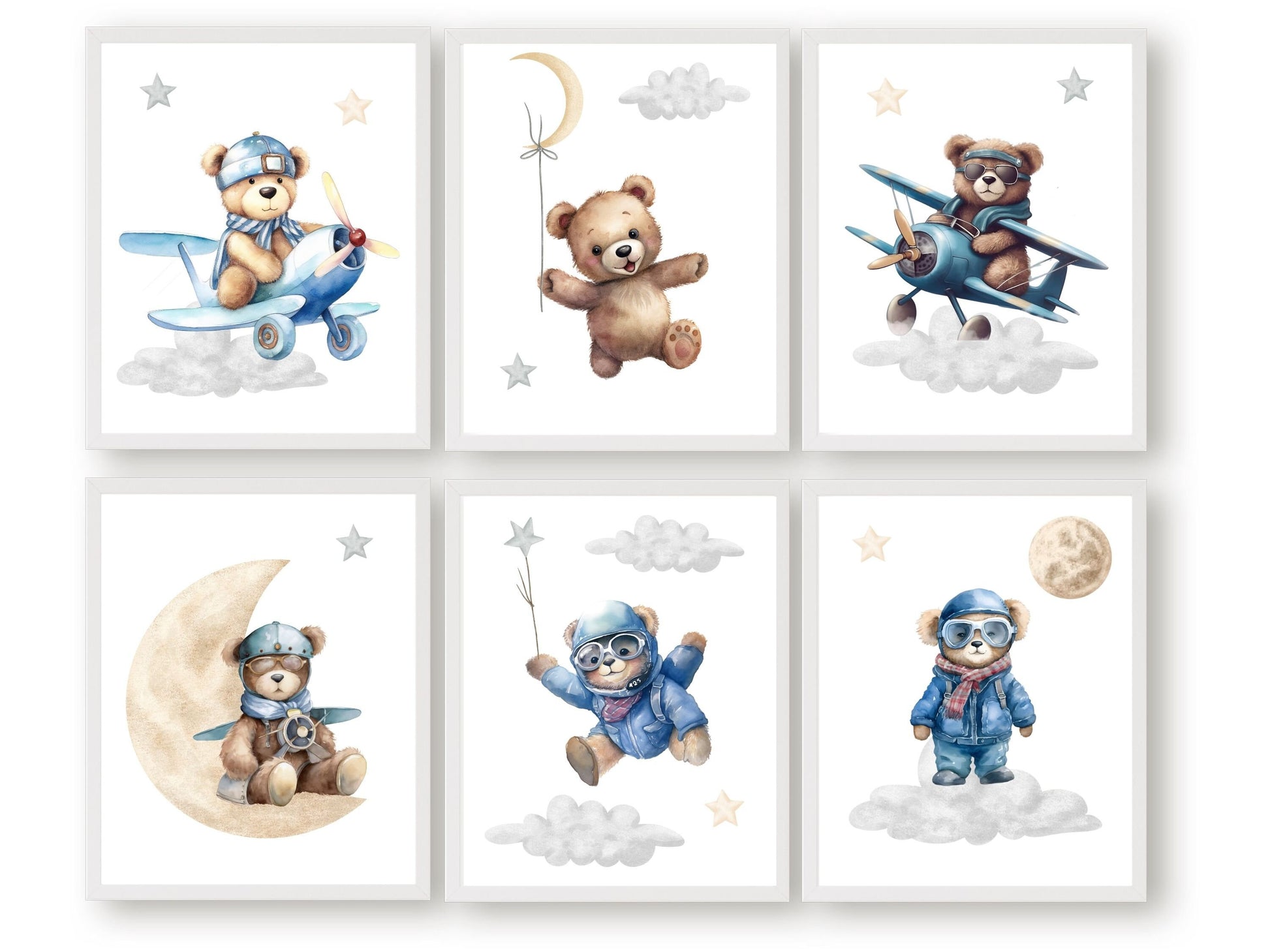 This delightful Set of 6 Teddy Bear Nursery Prints by Silverwood Friends, showcases adorable watercolour teddy bears embarking on adventures amidst a dreamy moon and star-studded sky, flying airplanes and skydiving through fluffy clouds.