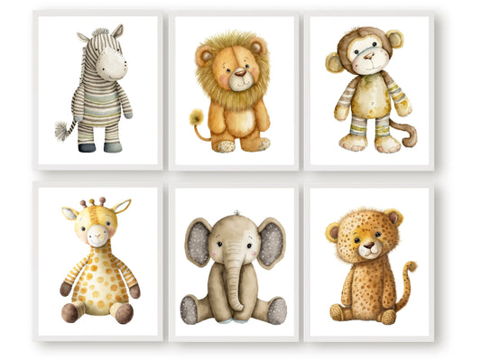 This delightful Safari Animal Baby Prints Set of 6, showcases adorable watercolour boho safari animals including zebra, lion, monkey, giraffe, elephant and cheetah, creating the perfect addition to your safari nursery or jungle-themed nursery decor.