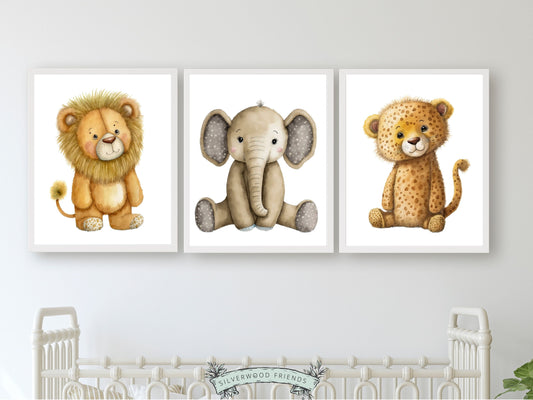 Our delightful Set of 3 Baby Safari Animal Nursery Prints, showcases adorable watercolour boho safari animals including lion, elephant and cheetah, creating the perfect addition to your safari nursery or jungle-themed nursery decor.