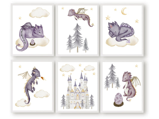 Ignite your little one's imagination with this enchanting Girls Baby Dragon Nursery Prints, showcasing adorable baby dragons soaring through a star-filled sky, surrounded by clouds, a radiant moon, and a majestic castle and forest in a delightful purple and grey gender neutral colour palette.