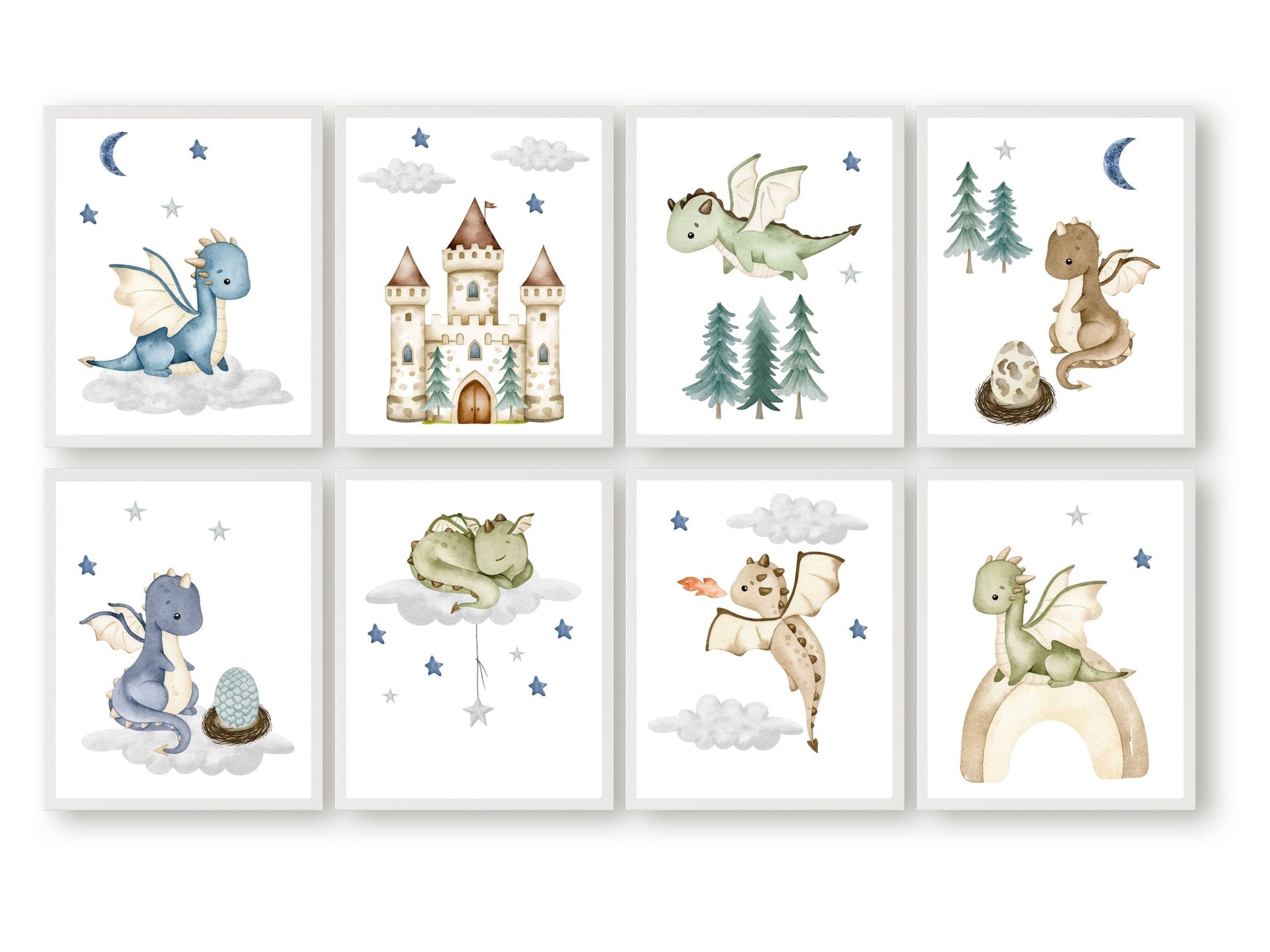 Ignite your little one&#39;s imagination with this enchanting Set of 8 Baby Dragon Nursery Prints, showcasing adorable baby dragons soaring through a star-filled sky, surrounded by clouds, a radiant moon, and a majestic castle and forest.