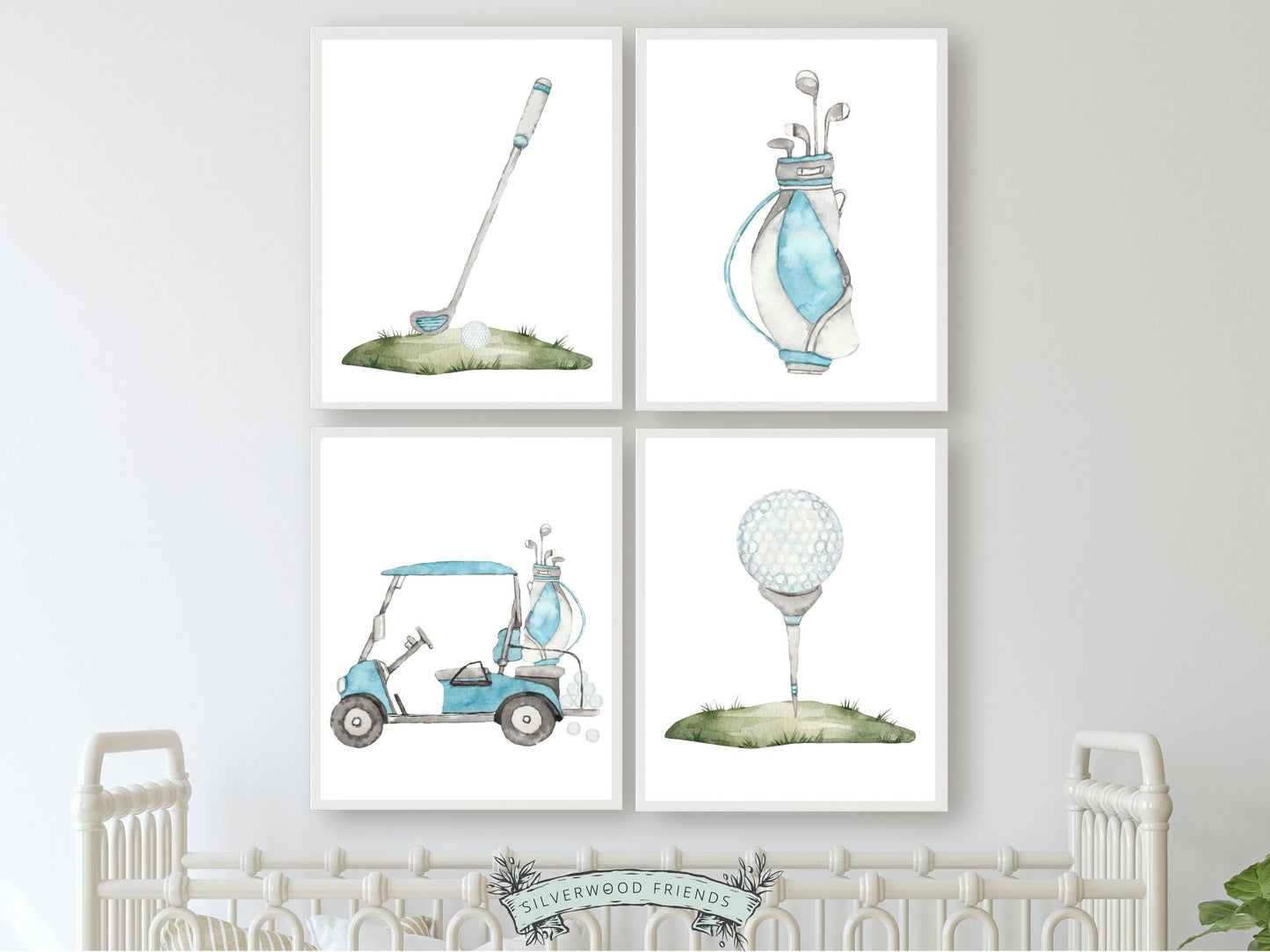 Elevate your baby boy's nursery decor with our Blue Golf Nursery Print Set of 4, featuring blue watercolour illustrations of golf ball, golf cart, golf bag and a golf club, providing the perfect decorative touch for your sports-inspired nursery decor or golf-themed baby shower.