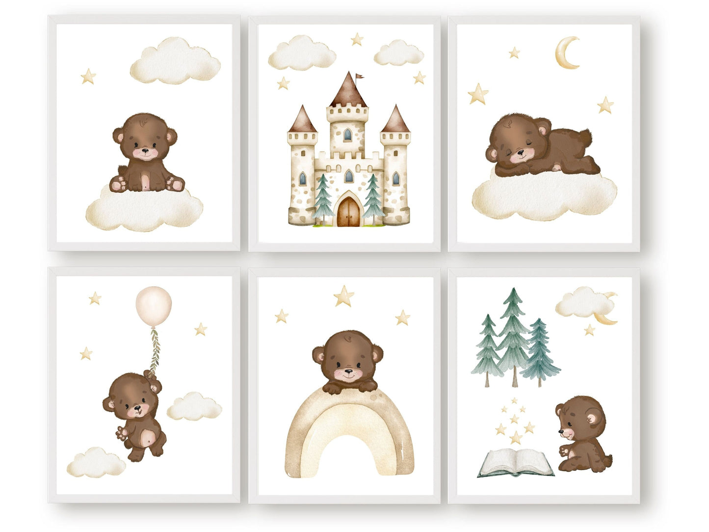 Create a dreamy and enchanting atmosphere in your bear nursery or unisex nursery with this Set of 6 Bear Nursery Prints, featuring watercolour teddy bears amidst moon, stars, clouds, a castle in the sky, and a captivating night sky print.