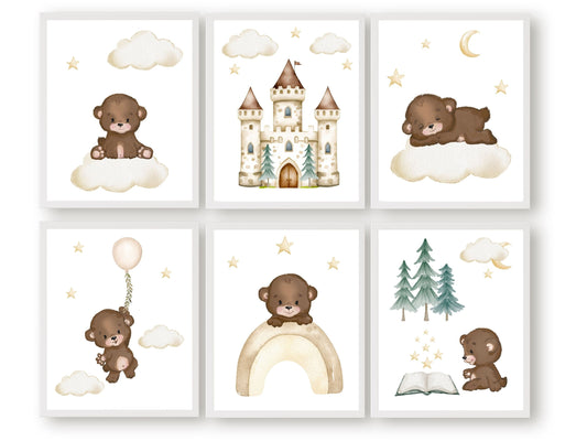 Create a dreamy and enchanting atmosphere in your bear nursery or unisex nursery with this Set of 6 Bear Nursery Prints, featuring watercolour teddy bears amidst moon, stars, clouds, a castle in the sky, and a captivating night sky print.