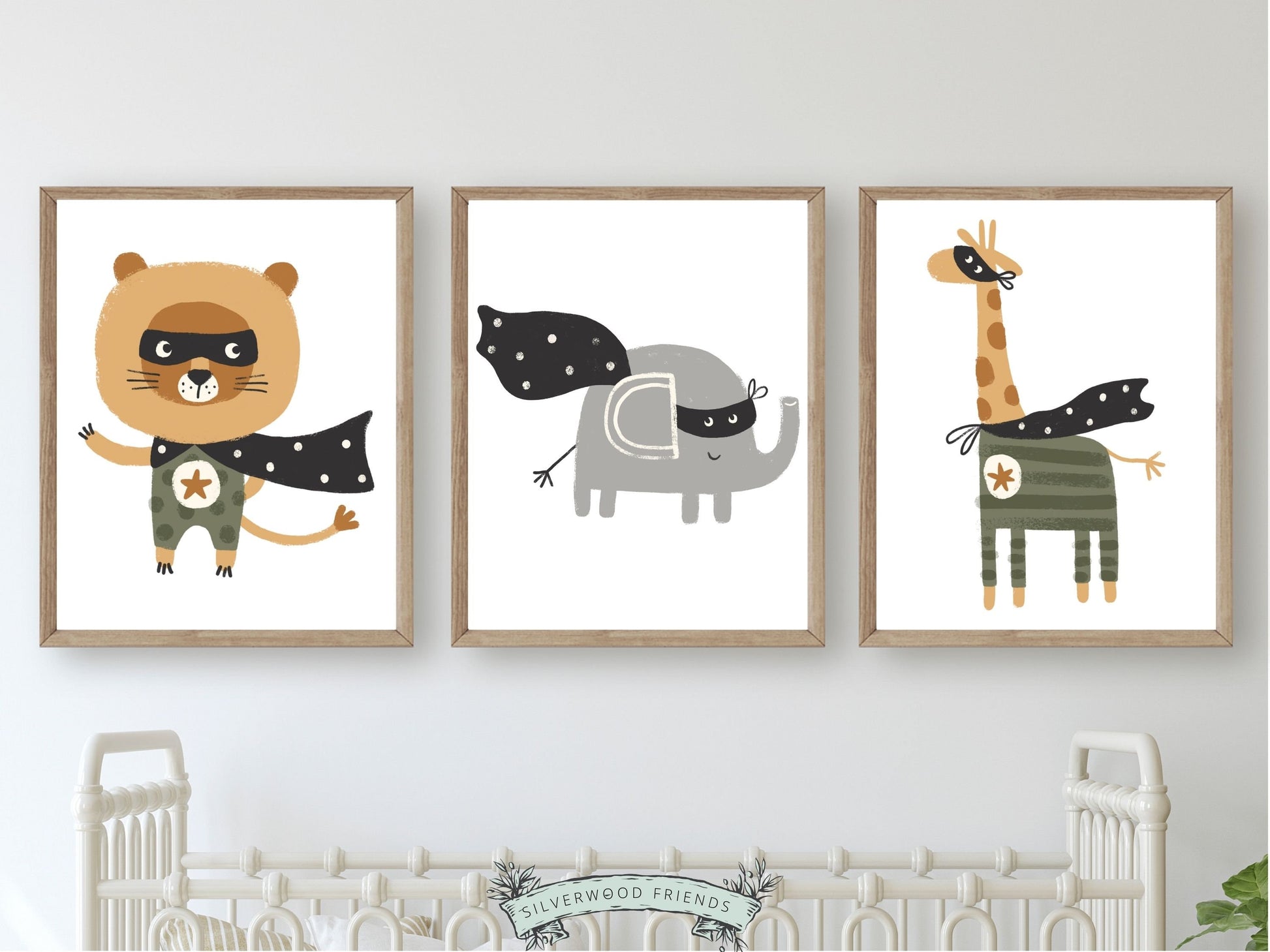 Ignite the imagination and adventure in your safari nursery or superhero themed nursery with this captivating Superhero Safari Animals Nursery Prints Set of 3, with jungle animals lion, elephant and giraffe. Perfect for your safari nursery decor or superhero playroom decor.