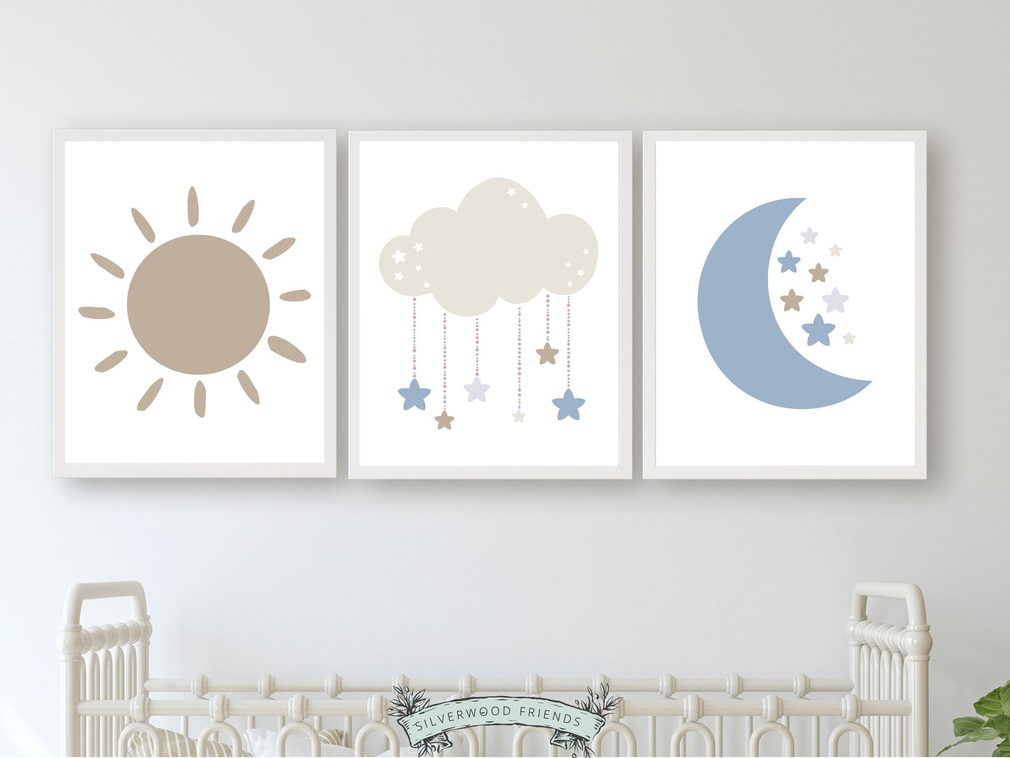 Our Cloud Moon Sun Nursery Prints, features a sun, moon, cloud and stars and will create a harmonious and dreamy atmosphere in your little one's nursery and also makes the perfect gender neutral baby shower gift.