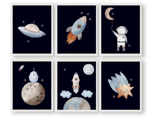 Transform your baby boys nursery decor into a realm of cosmic wonder with our enchanting Outer Space Nursery Print Set featuring an astronaut, moon, planets, stars, and spaceships on a dark midnight blue background, igniting creativity and fostering boundless imagination in your little one.