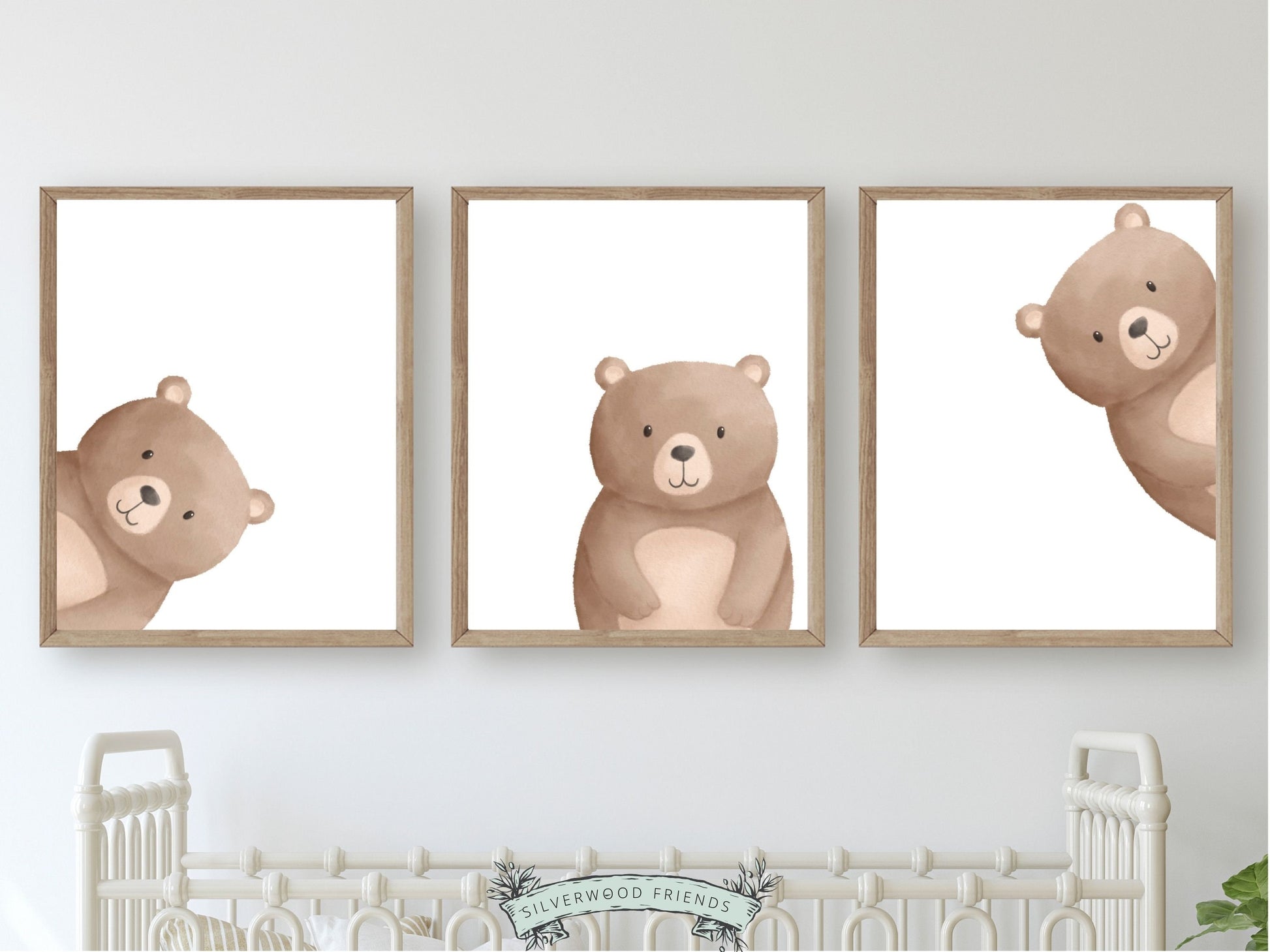 This delightful minimalist Peeking Bear Nursery Print Set of 3 features adorable peeking brown bears. It's perfect for your bear nursery decor or woodland nursery and also makes a delightful baby shower gift.