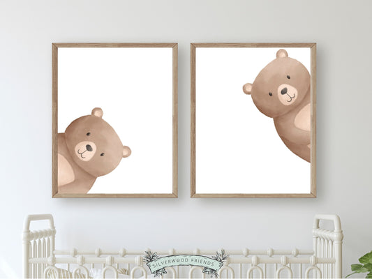 This delightful minimalist Peeking Bear Nursery Print Set of 2 features adorable peeking brown bears. It's perfect for your bear nursery decor or woodland nursery.