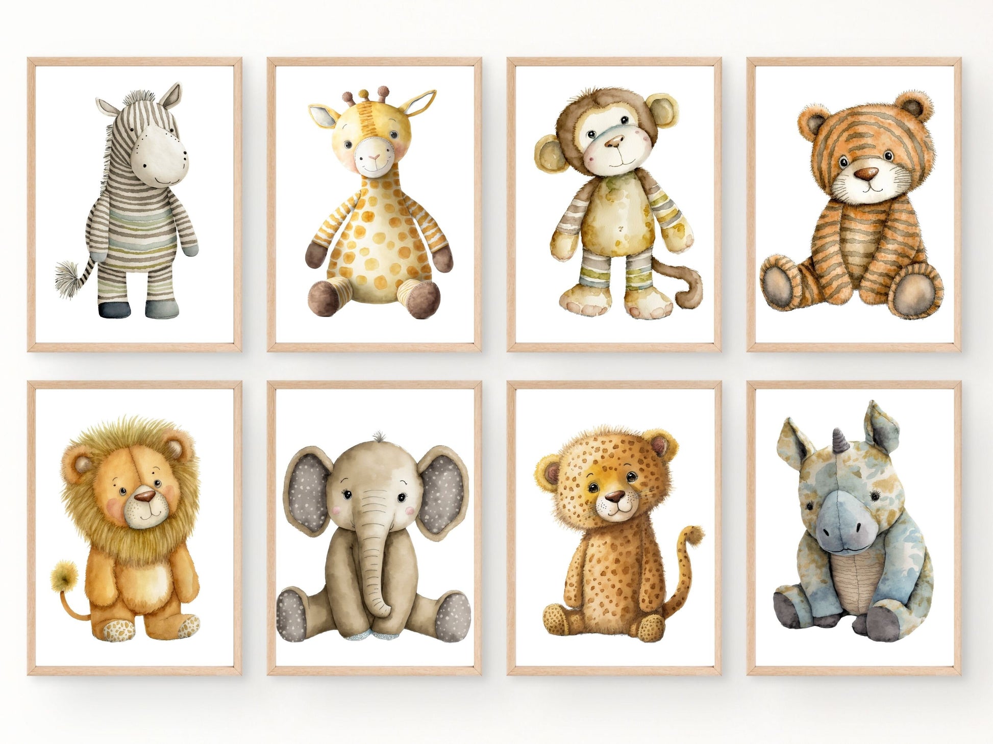 Our delightful Safari Animal Nursery Prints Set of 8, showcases adorable watercolour boho safari animals including lion, tiger, cheetah, elephant, monkey, zebra, giraffe, and rhino, creating a perfect addition to your safari nursery or jungle-themed nursery decor.