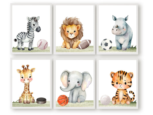 Transform your baby's nursery into a delightful sports-themed haven with this captivating Safari Sport Nursery Print Set of 6, showcasing watercolour safari animals such as zebra, lion, rhino, giraffe, elephant, and tiger alongside sports balls, adding the perfect touch to your safari inspired or sports themed nursery decor.