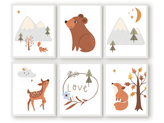 Transform your baby's woodland nursery or boho baby nursery with this charming Boho Woodland Nursery Print Set of 6, showcasing a delightful bear, fox, and deer amidst serene mountains and autumn forest scenery.