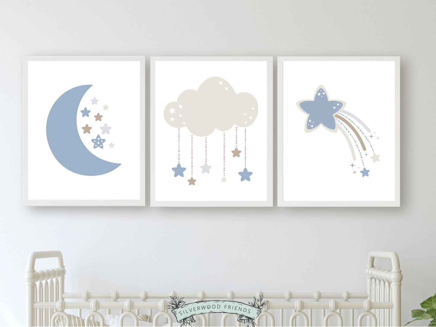 Our Cloud Moon Star Nursery Prints, featuring a moon, cloud and shooting stars will create a harmonious and dreamy atmosphere in your baby's nursery and also makes the perfect gender neutral baby shower gift.