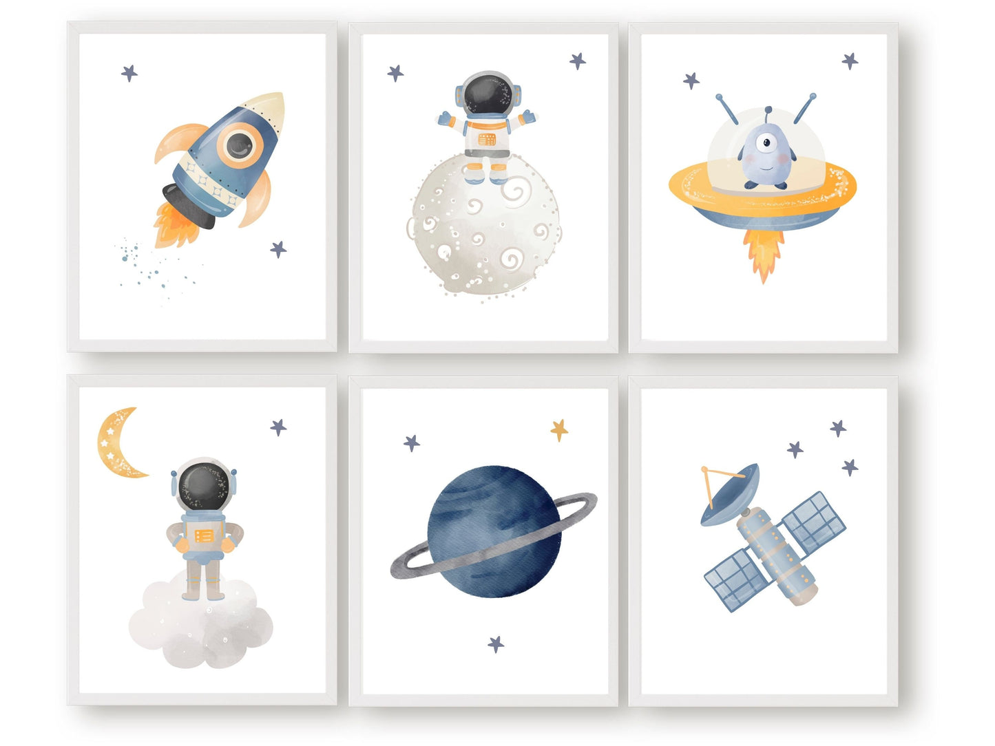 Transform your baby boys nursery decor into a realm of cosmic wonder with our enchanting Set of 6 Baby Boys Outer Space Themed Nursery Prints featuring astronauts, moon, planets, stars, and spaceships, igniting creativity and fostering boundless imagination in your little one.