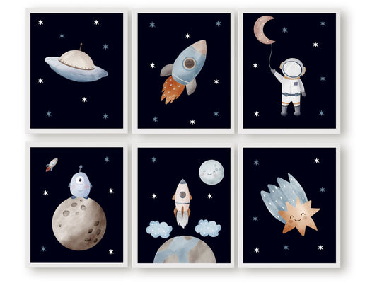 Transform your baby boys nursery decor into a realm of cosmic wonder with our enchanting Outer Space Nursery Prints Set of 6, featuring an astronaut, moon, planets, stars, and spaceships on a dark midnight blue background, igniting creativity and fostering boundless imagination in your little one.