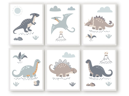 Our delightful Dinosaur Nursery Set of 6 Prints features dinosaurs in a calming neutral blue and beige colour palette - the perfect addition to any dinosaur lovers baby boy's nursery decor or as a thoughtful dinosaur baby shower gift.