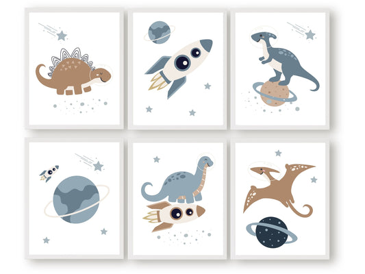 Our delightful Space Dinosaur Nursery Print Set of 6 features dinosaurs in space souring through the sky with rockets, planets and stars, in a calming neutral blue and brown colour palette - the perfect addition to any dinosaur lovers baby boy's nursery decor or space themed nursery.