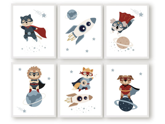 Ignite the imagination and adventure in your superhero themed nursery with this captivating Superhero Nursery Prints Set of 6, with animal superheroes souring through space. Perfect for your superhero nursery and space playroom decor.