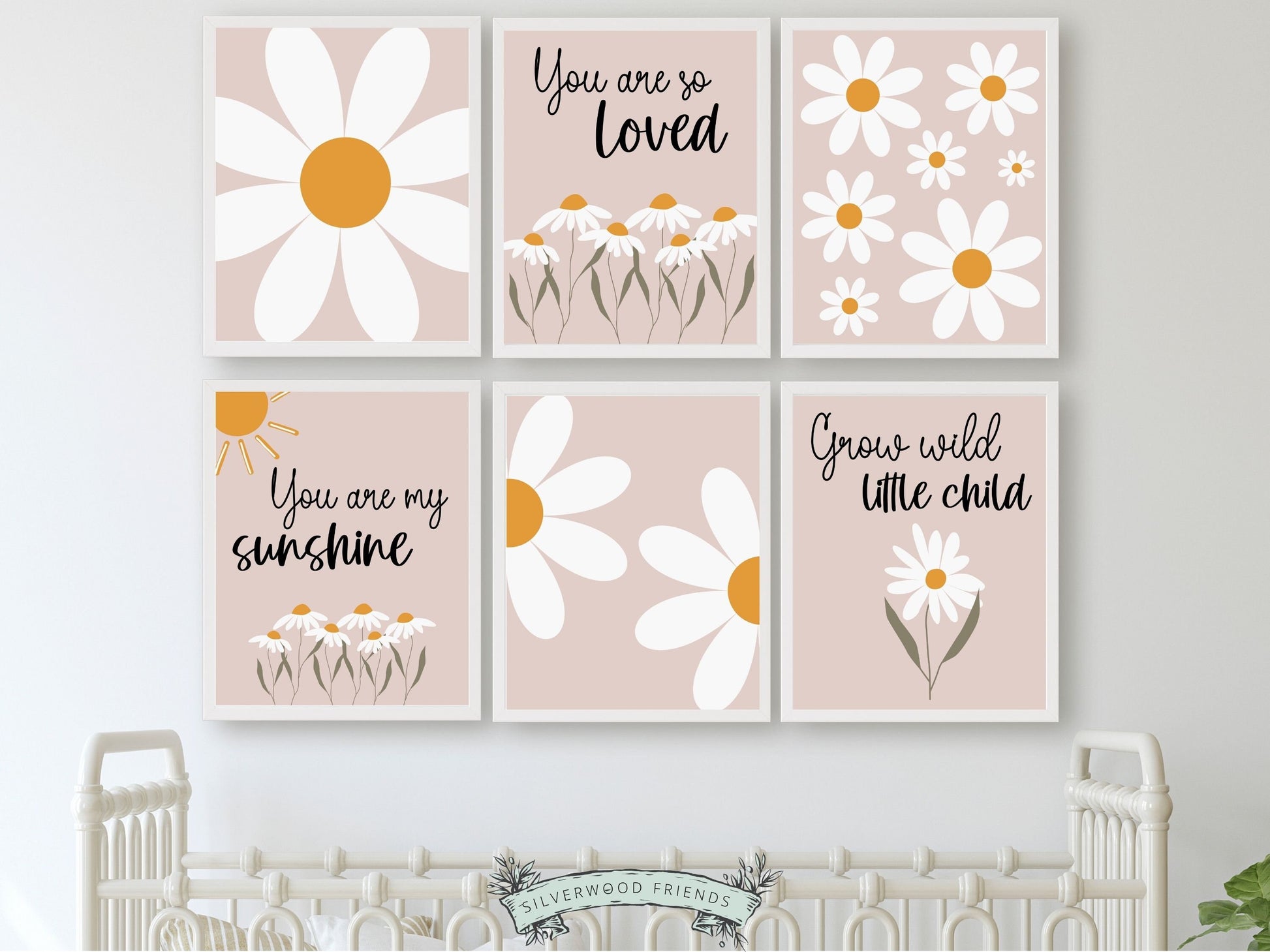 Add a touch of delicate charm to your baby girl&#39;s nursery decor or surprise a loved one with a unique daisy themed baby shower gift, with Silverwood Friends Set of 6 Pink Daisy Nursery Print Set