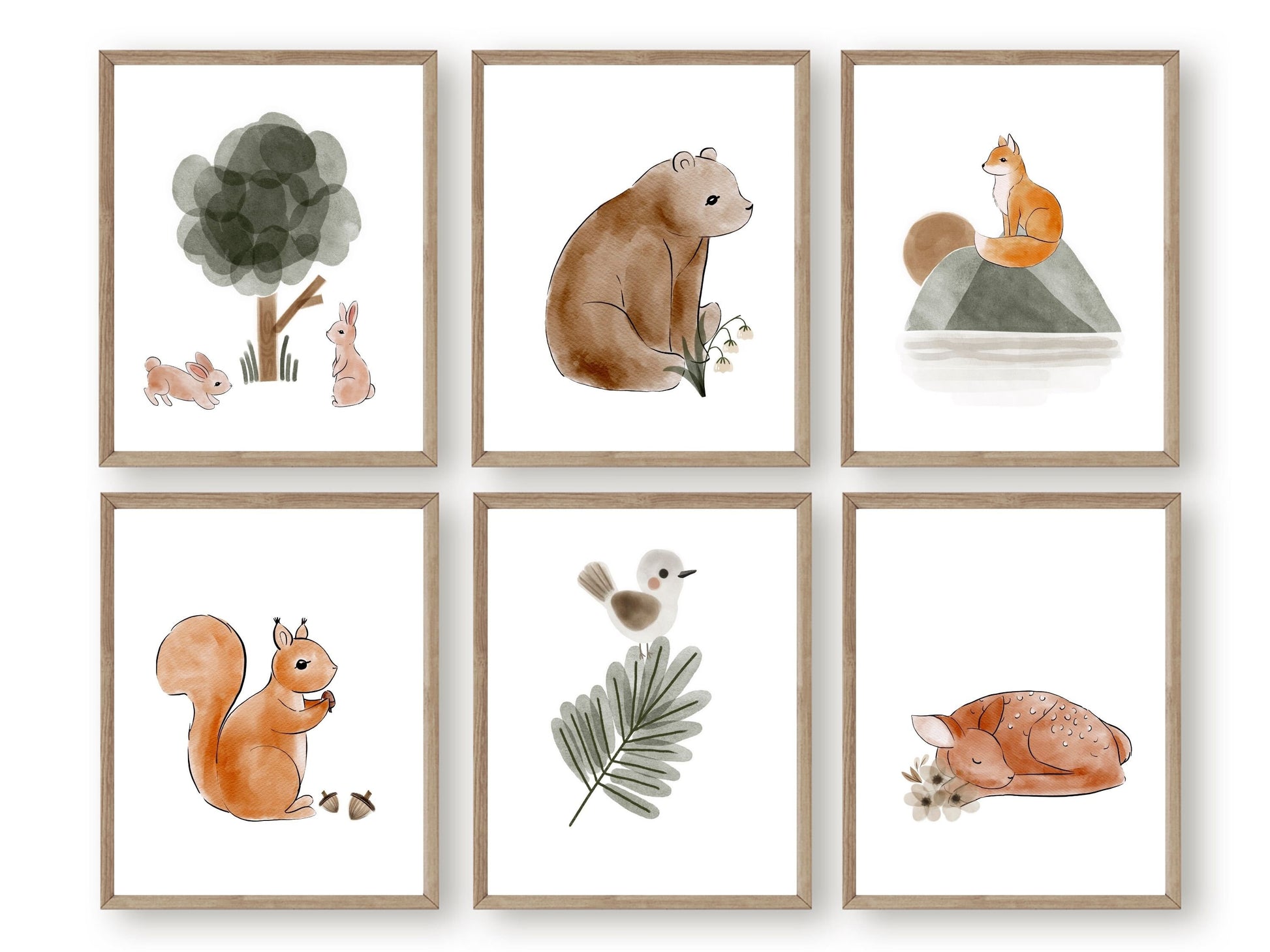 Create a peaceful and enchanting woodland inspired nursery with this Set of 6 Woodland Nursery Print Set. Featuring adorable baby forest animals and a serene mountain and forest theme, this collection is perfect for your woodland nursery or boho nursery decor and also makes a gorgeous gender neutral baby shower gift.