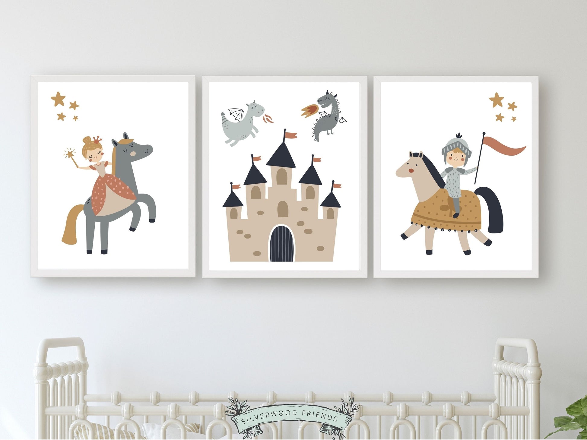 Let your child's imagination take flight into a whimsical world of enchantment with this delightful Set of 3 Neutral Fairytale Nursery Prints. Featuring charming illustrations of a prince and princess riding horses and a fairytale castle with flying dragons. These gender neutral fairytale nursery prints will add a touch of magic and wonder to your baby's nursery decor.