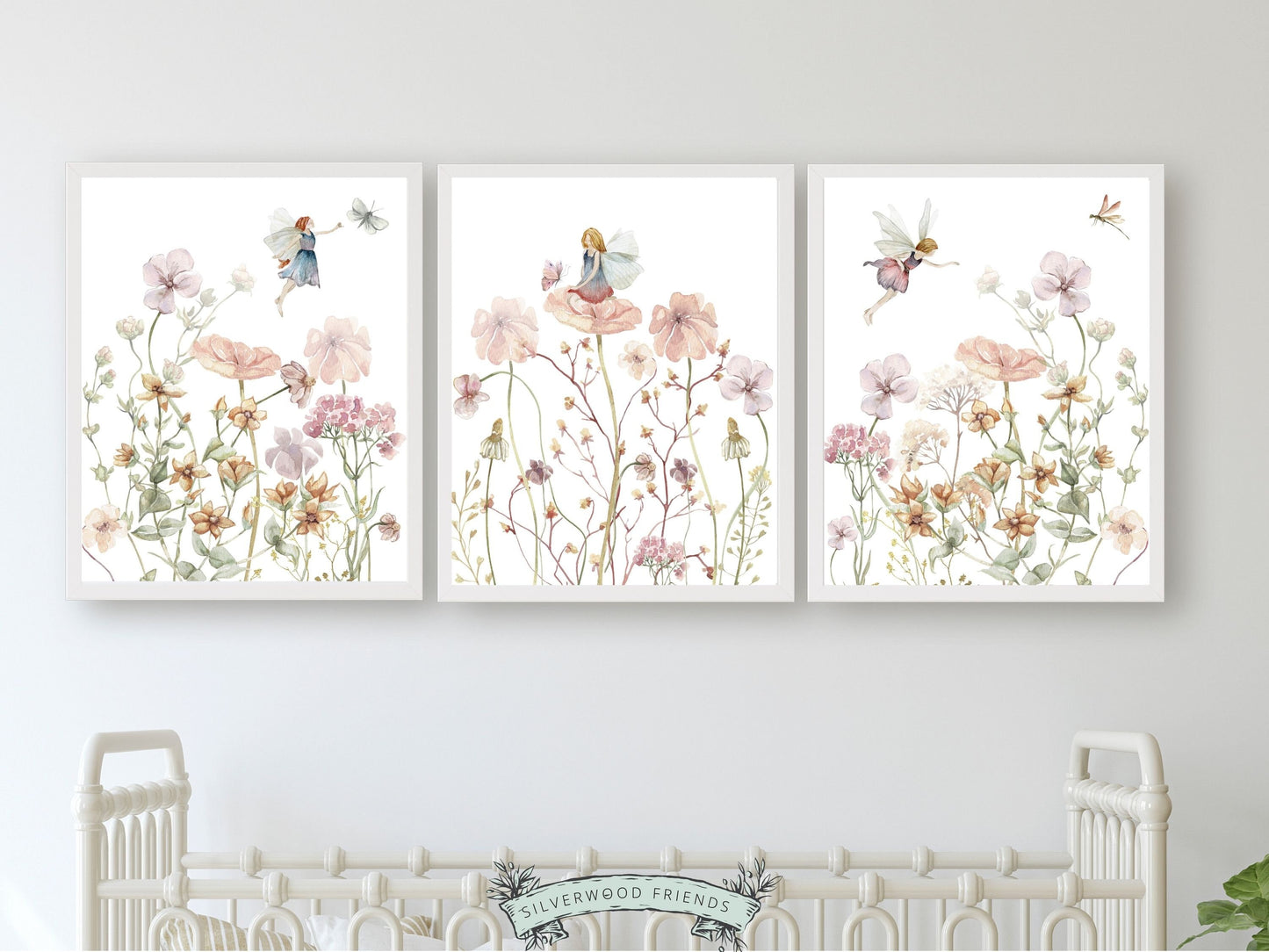 Our gorgeous Wildflower Fairy Nursery Prints with watercolor fairies and wildflower meadow flowers is perfect for your wildflower nursery decor or boho nursery and also makes a lovely baby girl baby shower gift.