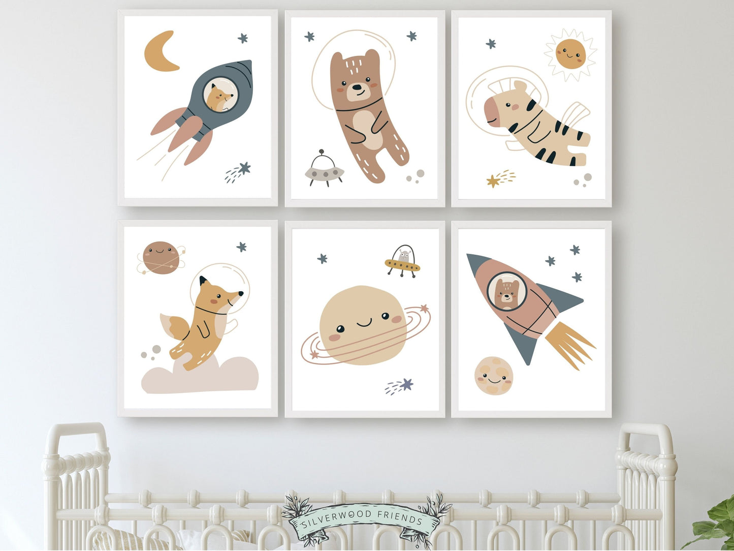 Transform your baby's nursery decor into a realm of cosmic wonder with our enchanting Set of 6 Outer Space Boho Nursery Prints featuring animal astronauts, moon, planets, stars, and spaceships, igniting creativity and fostering boundless imagination in your little one.