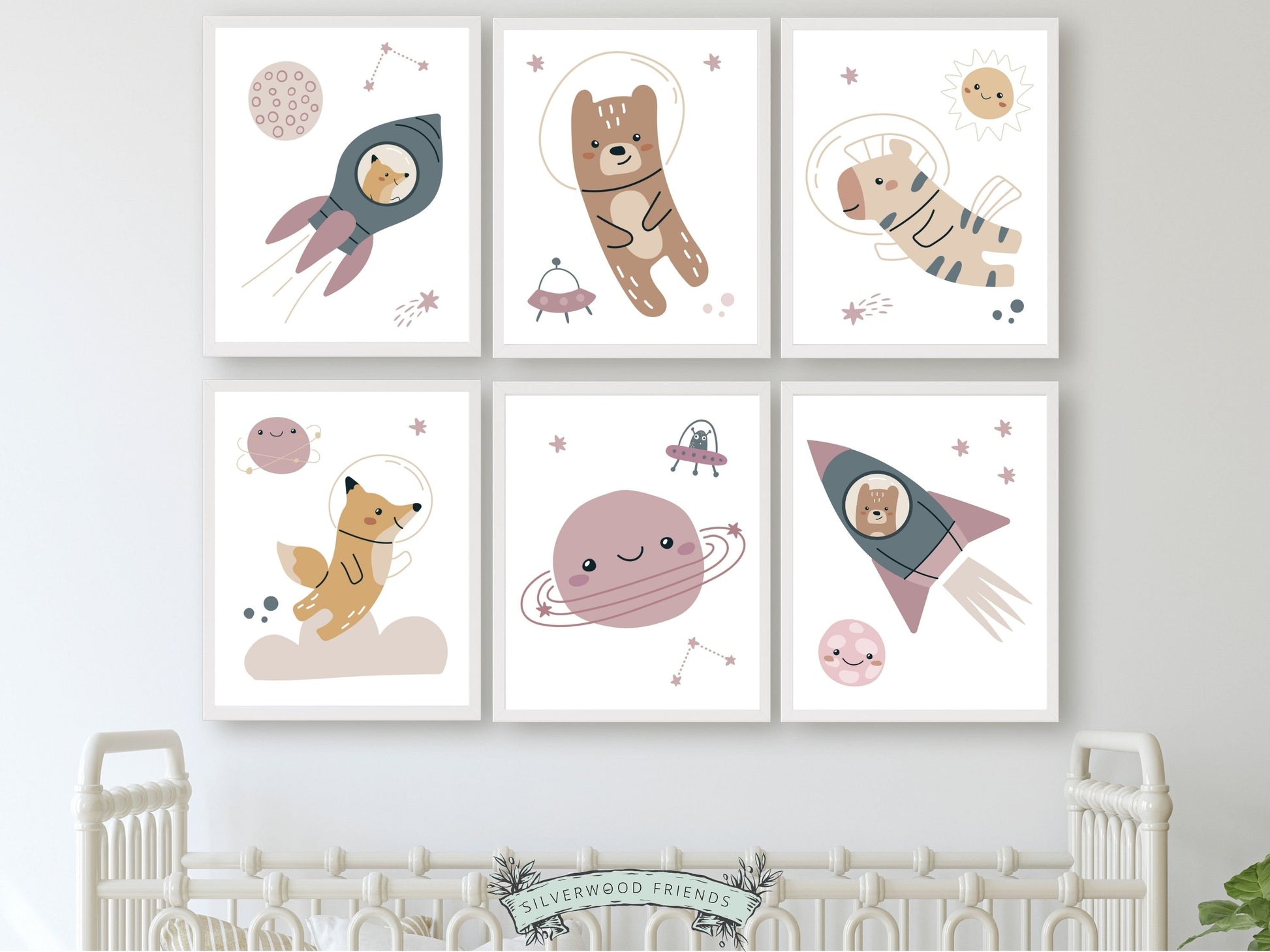 Transform your baby girls nursery decor into a realm of cosmic wonder with our enchanting Set of 6 Girls Pink Outer Space Nursery Prints featuring animal astronauts, moon, planets, stars, and spaceships, igniting creativity and fostering boundless imagination in your little one.