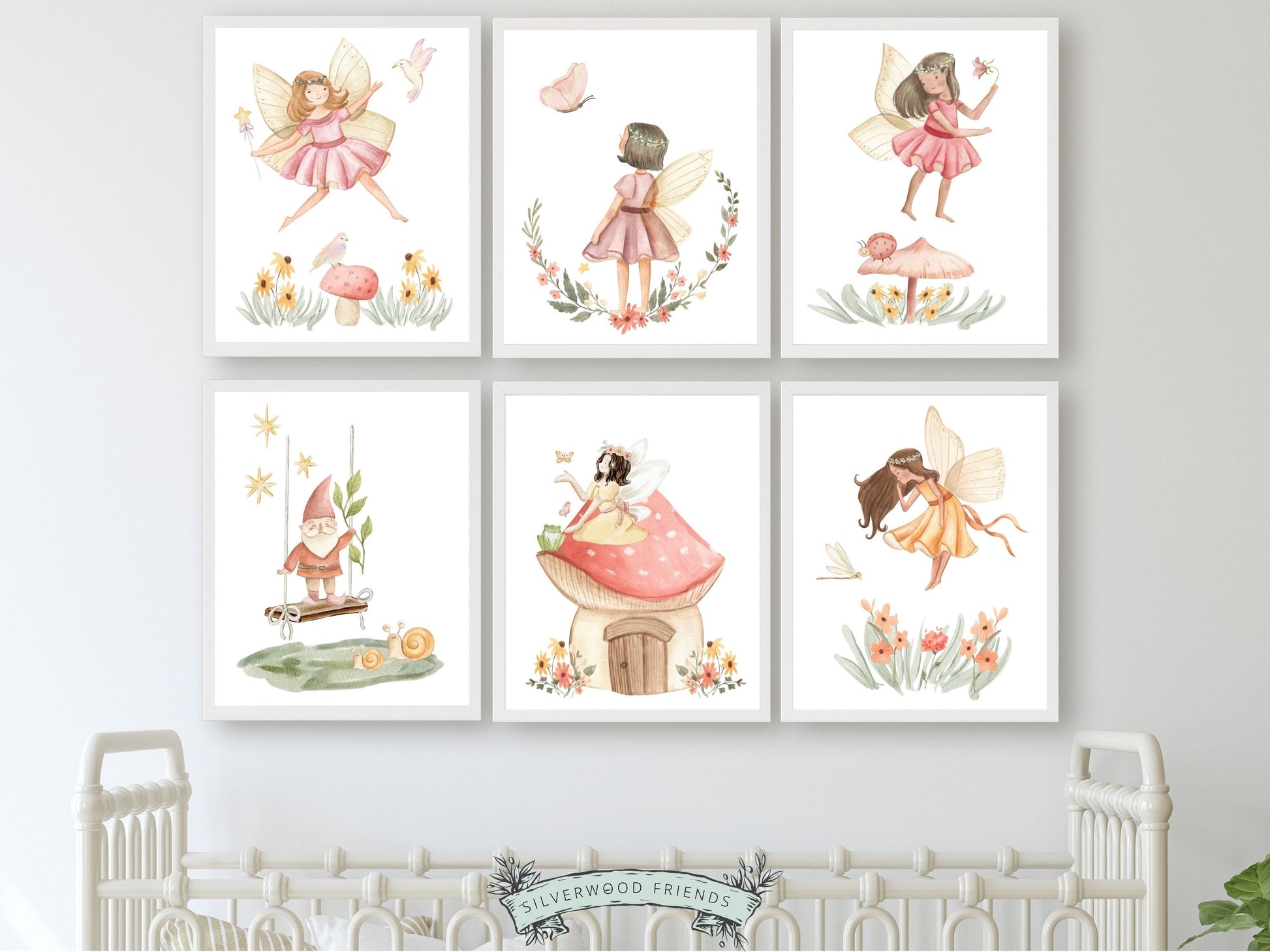 Our gorgeous Girls Fairy Nursery Prints Set of 6 with watercolour fairies and wildflower meadow flowers is perfect for your baby girls nursery decor and fairy nursery decor and also makes a unique baby shower gift.