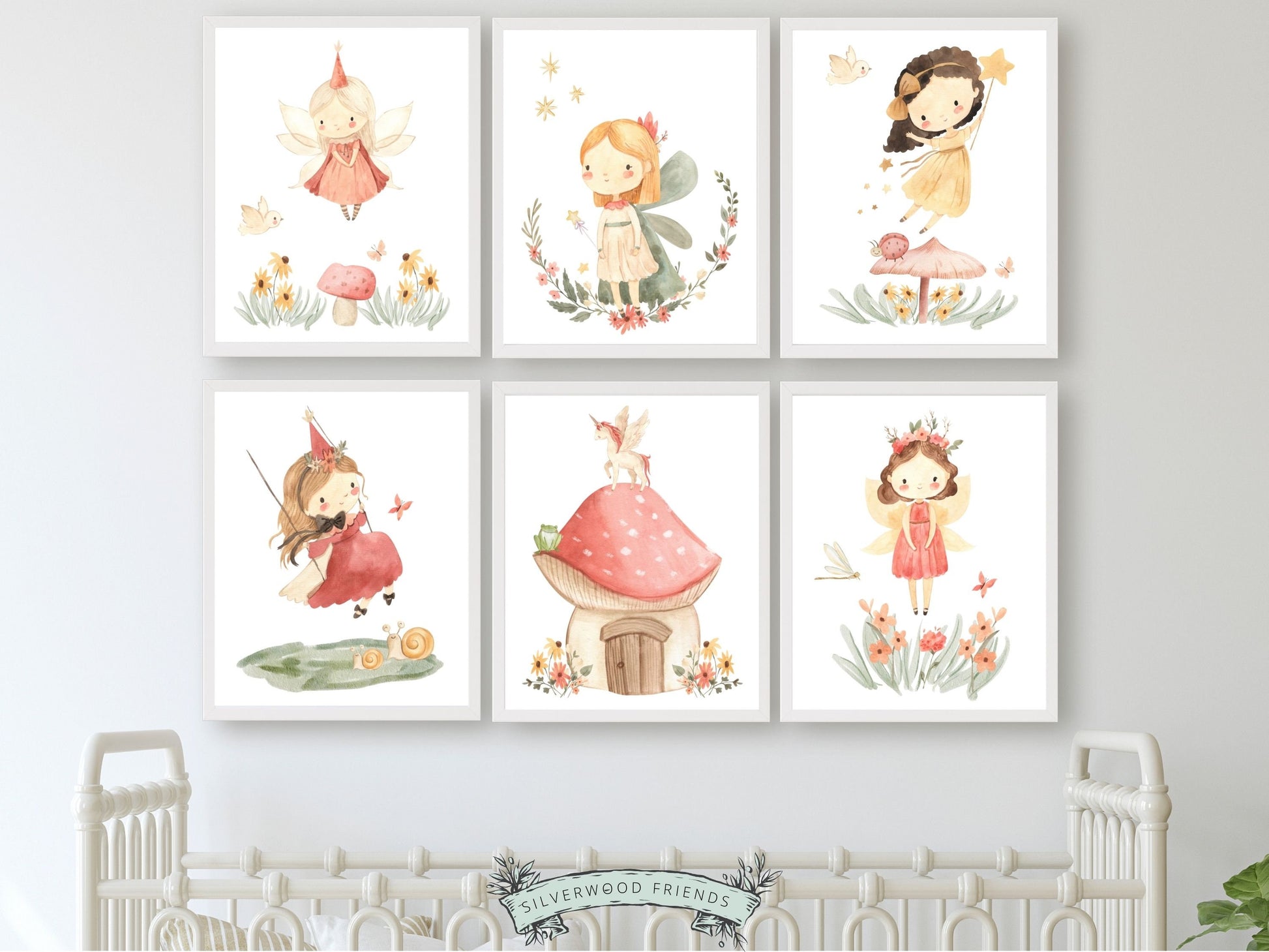 Our gorgeous Fairy Nursery Print Set of 6 with watercolour fairies and wildflower meadow flowers is perfect for your fairy nursery decor and also makes a unique girls baby shower gift.