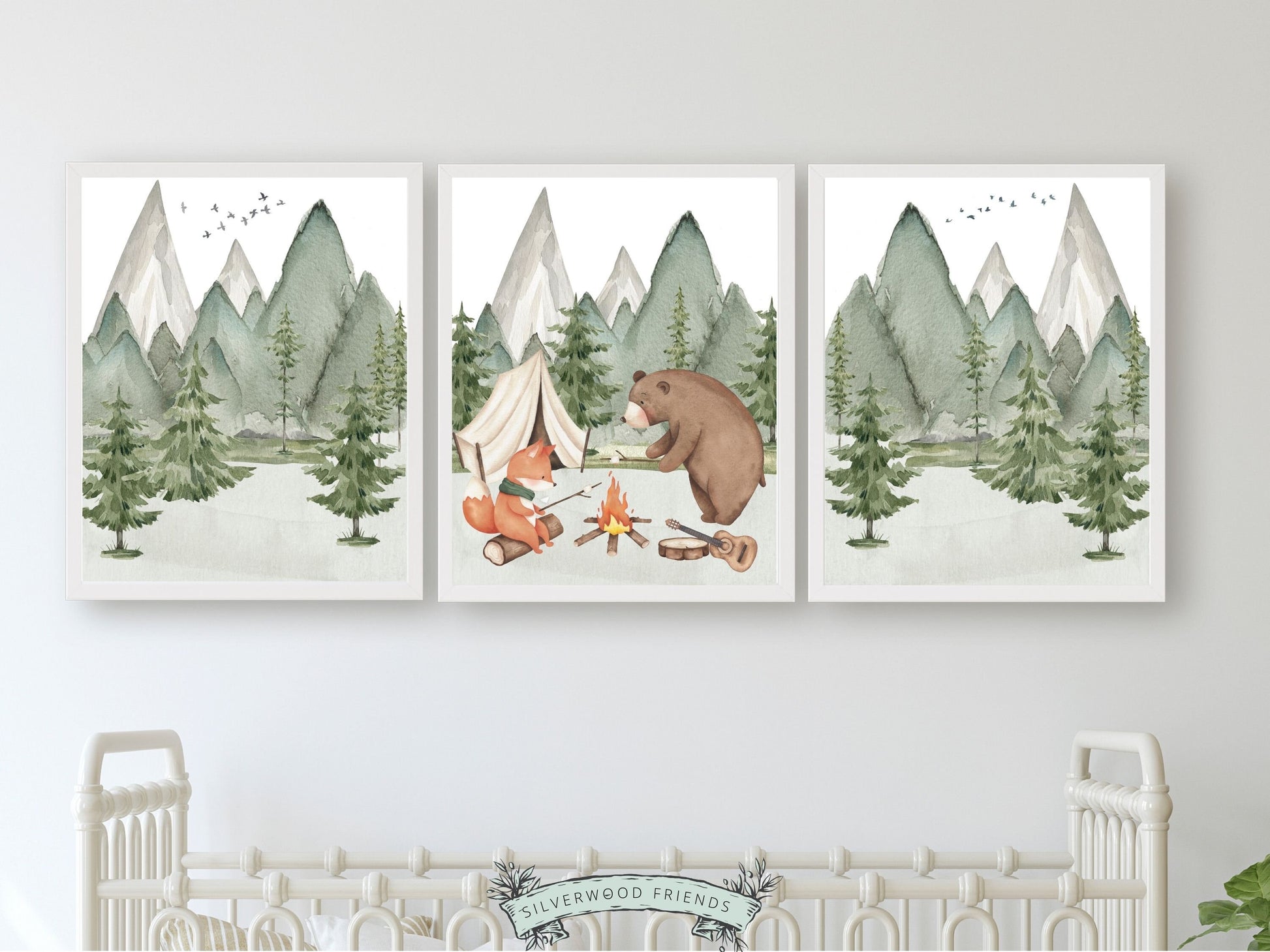 Our cute baby bear and fox camping nursery prints are the perfect addition to your baby's woodland nursery decor and also make a lovely woodland baby shower gift.