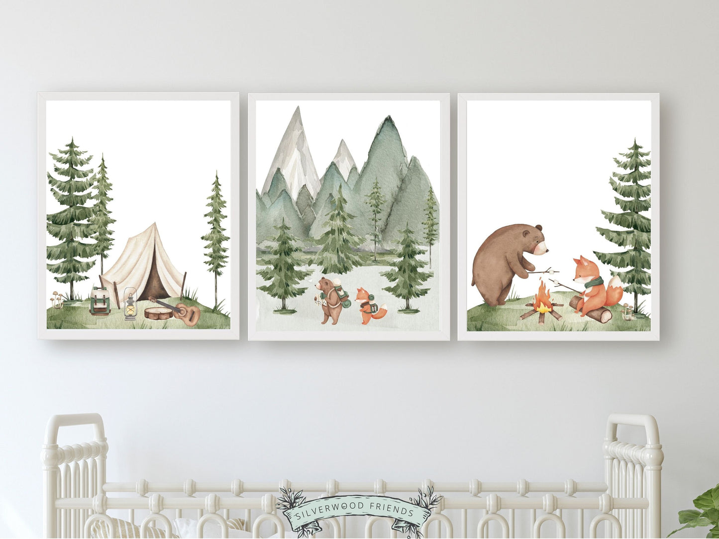 Our adorable Woodland Camping Nursery Prints featuring a baby bear and fox camping surrounded by a gorgeous forest and mountain landscape will be the perfect addition to your baby's woodland nursery decor and also make a lovely woodland baby shower gift.