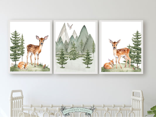 Our gorgeous Baby Deer Forest Nursery Prints Set of 3 with watercolour baby deers surrounded by woodland forests, will transform your nursery instantly into a calm and cosy space and is perfect for your woodland nursery decor or as a unique baby shower gift.