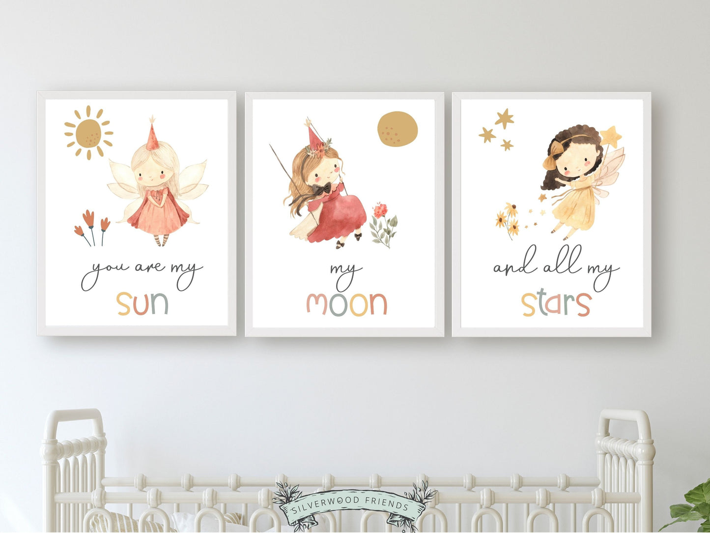 Our Set of 3 Fairy Nursery Prints, features a sun, moon, stars and fairies along with the loving and positive quote "You are my sun, my moon, and all my stars". It will create a harmonious and dreamy atmosphere in your little one's nursery and also makes the perfect baby shower gift.