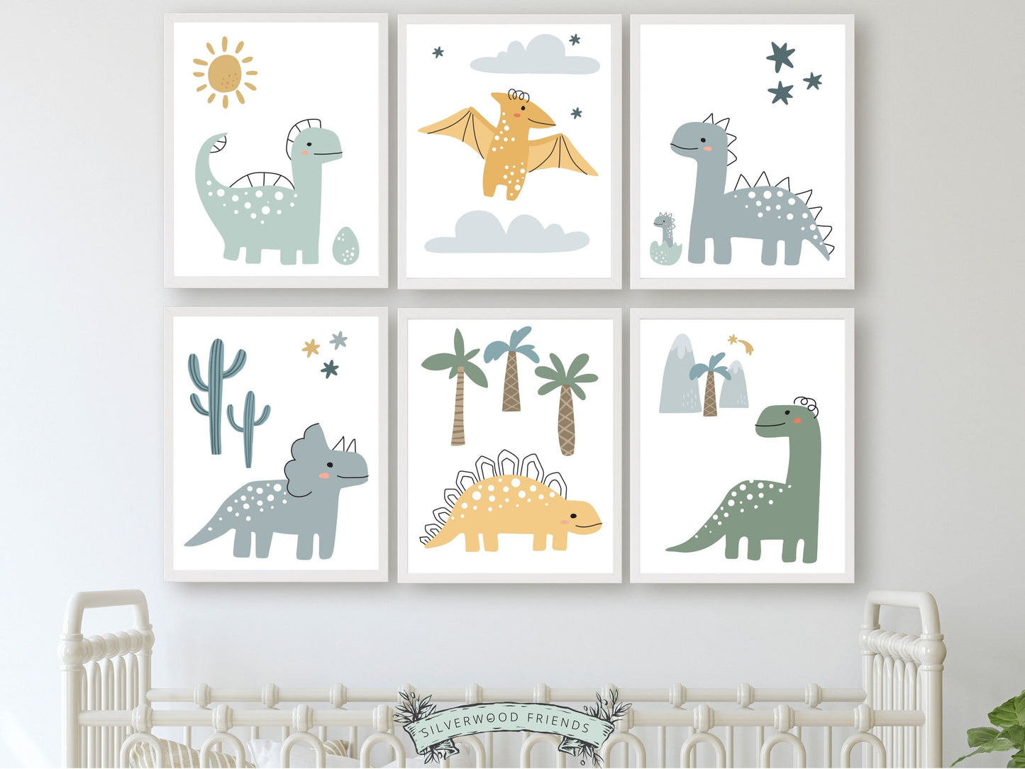 Our Set of 6 Dinosaur Nursery Prints features delightful dinosaurs with celestial elements, mountains and trees and is the perfect addition to any dinosaur lovers nursery decor! Each print showcases a different prehistoric creature in a calming colour scheme, and is perfect for your dinosaur theme nursery.