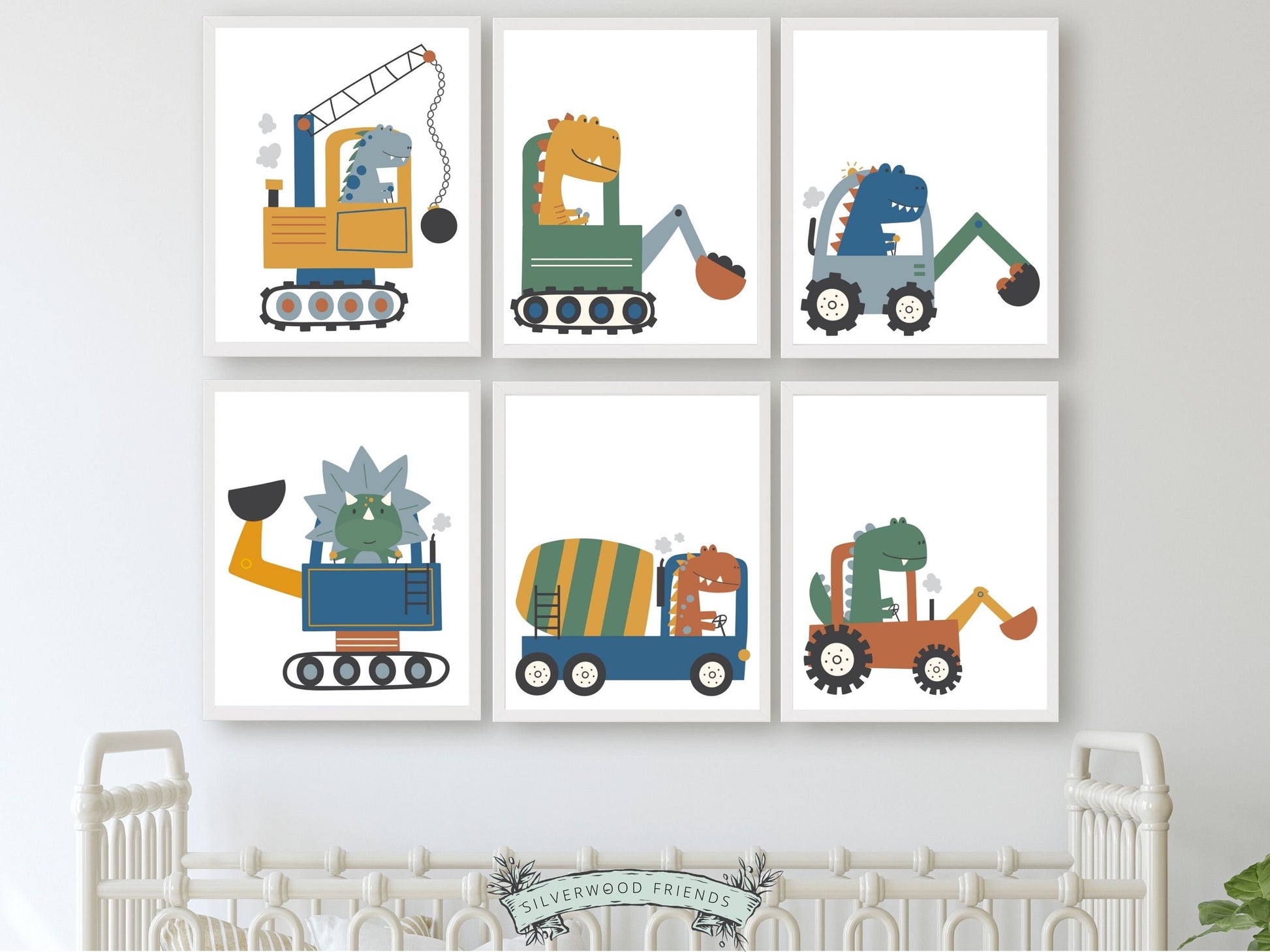 Our delightful Baby Boys Dinosaur Theme Nursery Print Set of 6 features dinosaurs on wheels - the perfect addition to any dinosaur lovers baby boy's nursery decor! Each print showcases a different prehistoric creature driving a different type of digger truck and is perfect for your dinosaur theme nursery or transport theme nursery.